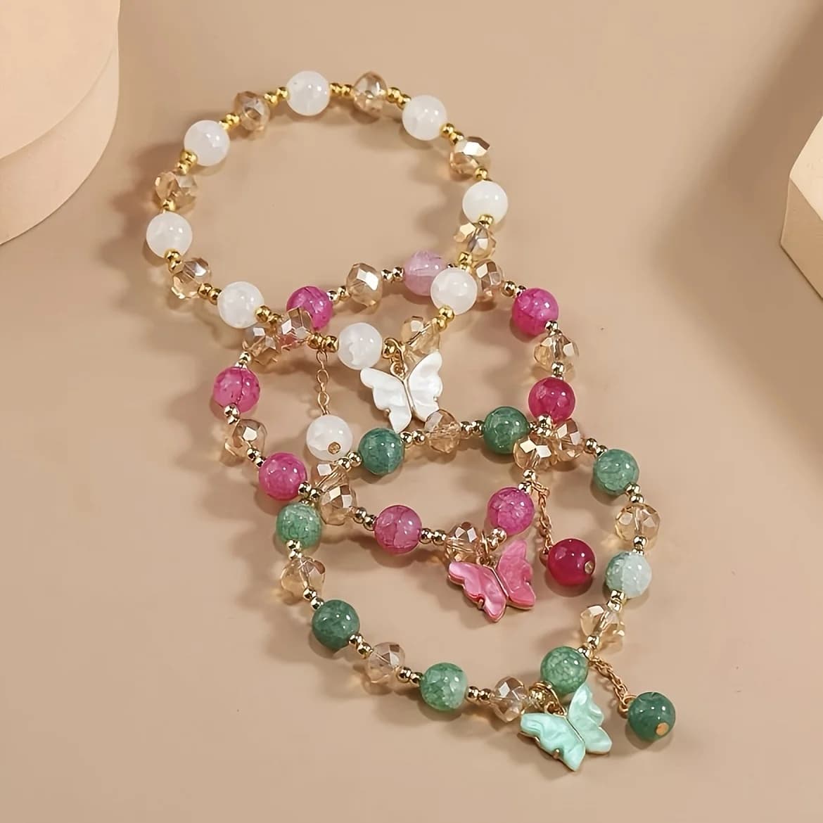 Set di 3 braccialetti con perline di vetro Boho, ciondolo a forma di farfalla, braccialetto vintage elegante - Regalo di compleanno ideale per le donne, braccialetti con ciondoli