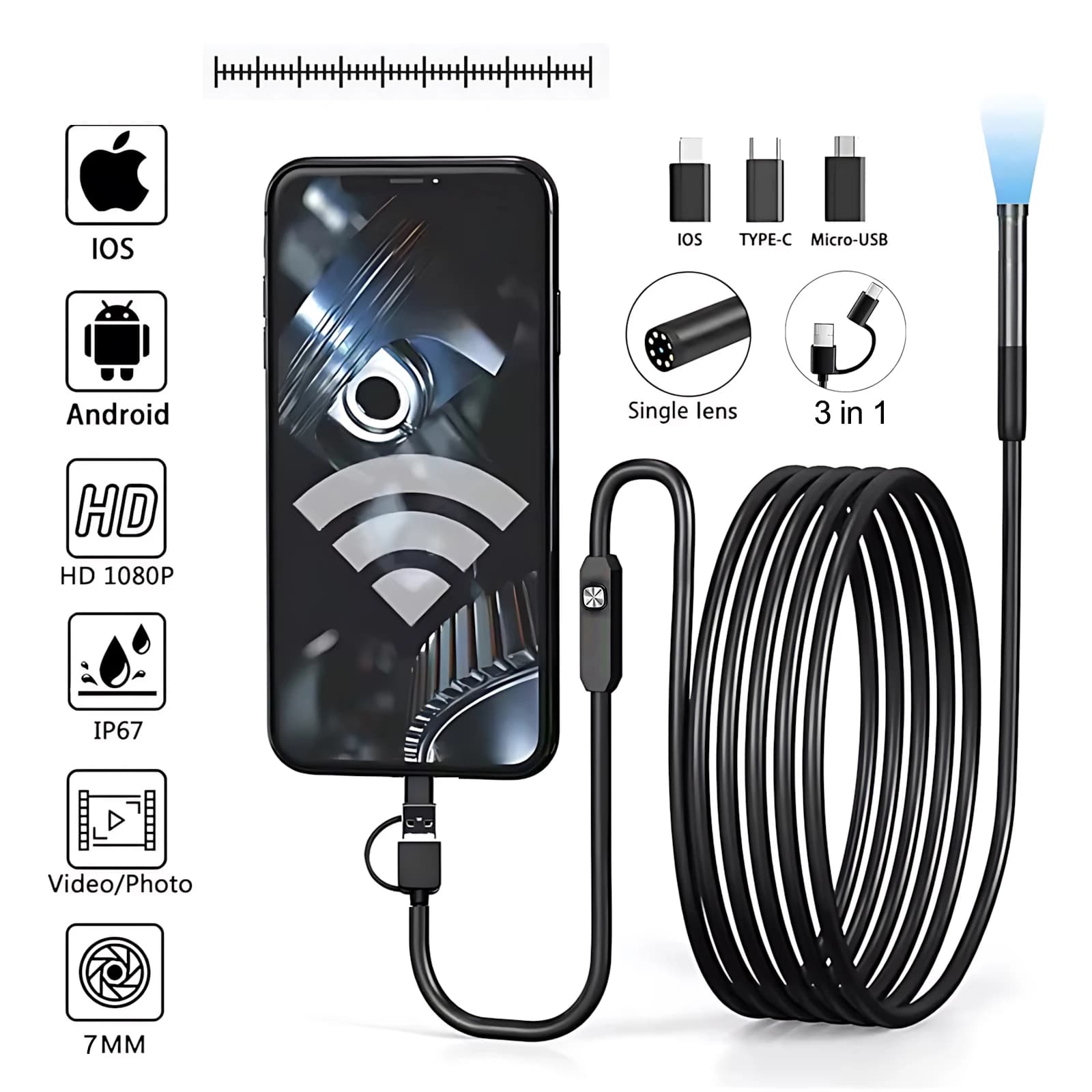 New endoscope 7mm camera 1080P HD USB endoscope with 6 LED 1/2/5/10M flexible cable waterproof periscope inspection for Android
