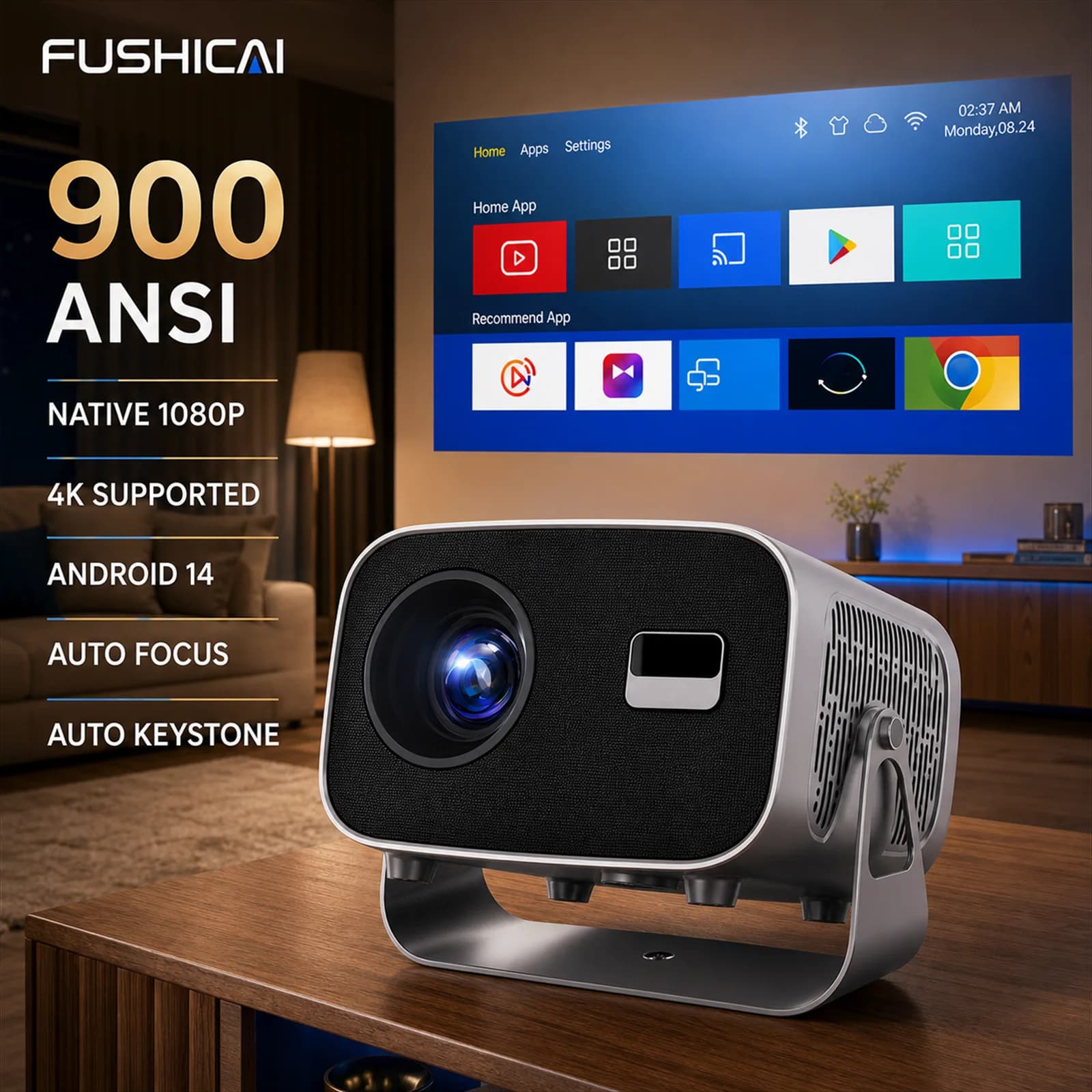 FUSHCAI Outdoor Projector A10 Portable Mini Projector with 360° Rotation 900 ANSI Native 720P 4K Compatible Auto Focus BT 5.4