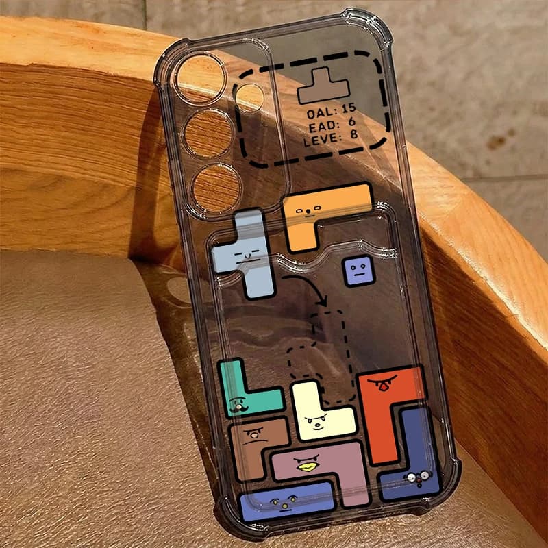 Card Slot Clear Phone Case For Samsung Galaxy S26 S25 S24 Ultra S23 S25 FE A57 A17 A56 A55 A37 A16 A36 A54 Tetris Pattern Cover
