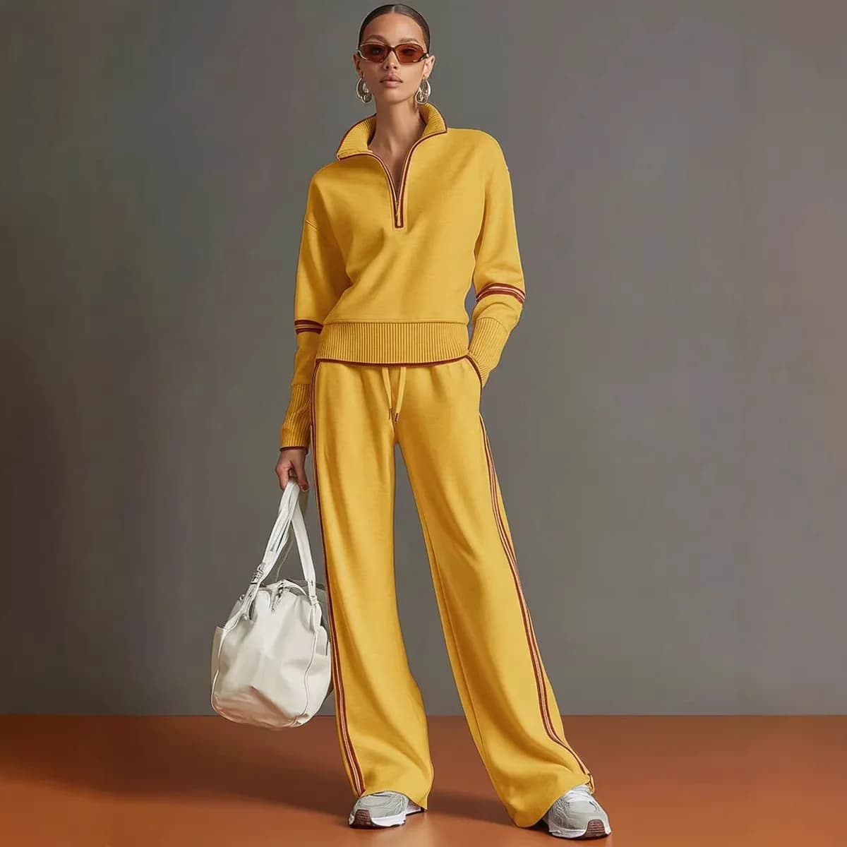 2026 European and American Solid Color Contrasting Trousers Long-sleeved Sportswear Set