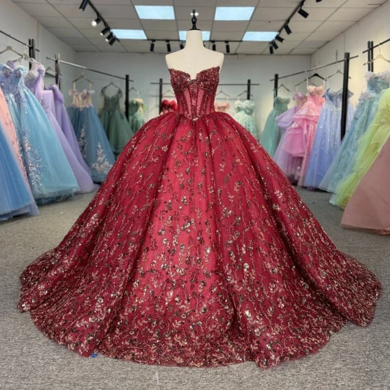 Abiti Quinceanera rossi lucidi con spalle scoperte Applique con paillettes Perline in pizzo Tull Festa di compleanno Abito dolce 16 Abiti 15 Anos