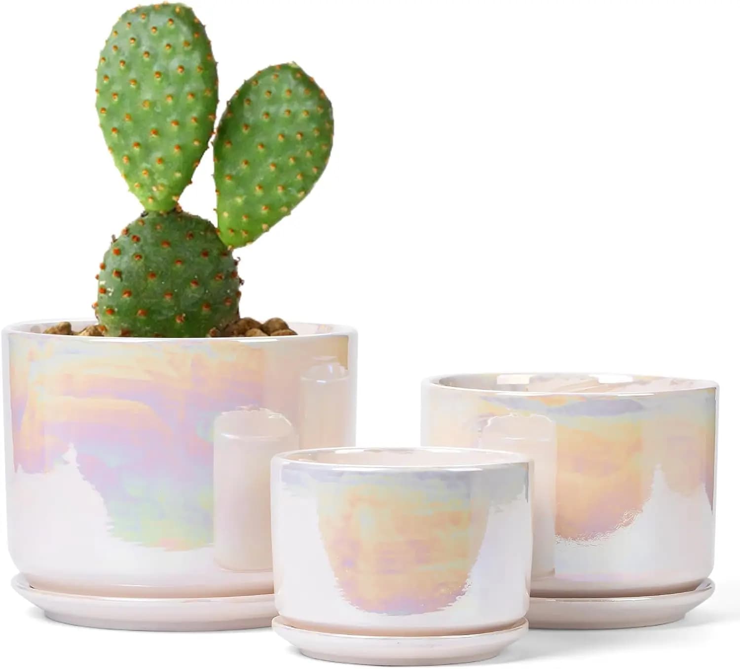 Ceramic vases with drainage hole, set of 3 with pearl enamel Rainbow for Grass and Cactus Indoor plants