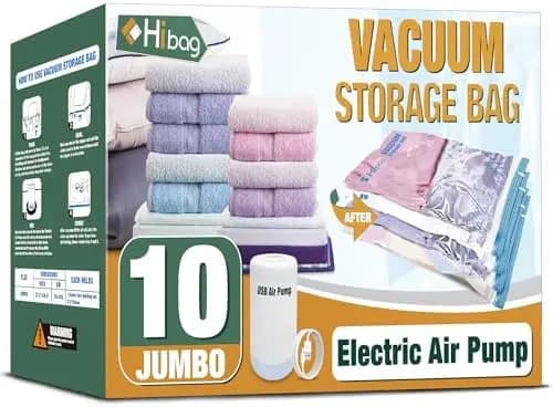 Sacchetti sottovuoto HIBAG con pompa elettrica – Confezione da 10 pezzi di dimensioni Jumbo per vestiti, cuscini, coperte