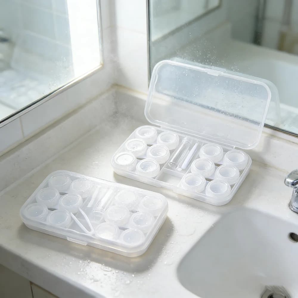 Porta Lenti a Contatto da Viaggio 6-in-1 Trasparente con Pinzette, Scatola per Conservazione Pupille, Impermeabile, Accessori per Trucco Quotidiano Portatili