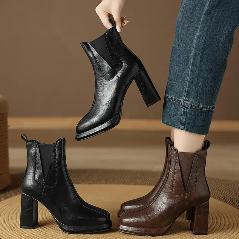 2026 Autumn/Winter Women Boots Round Toe High Heel Shoes for Women Leather Boots Women Handemade Shoes Ankle Boots Ladies Shoes