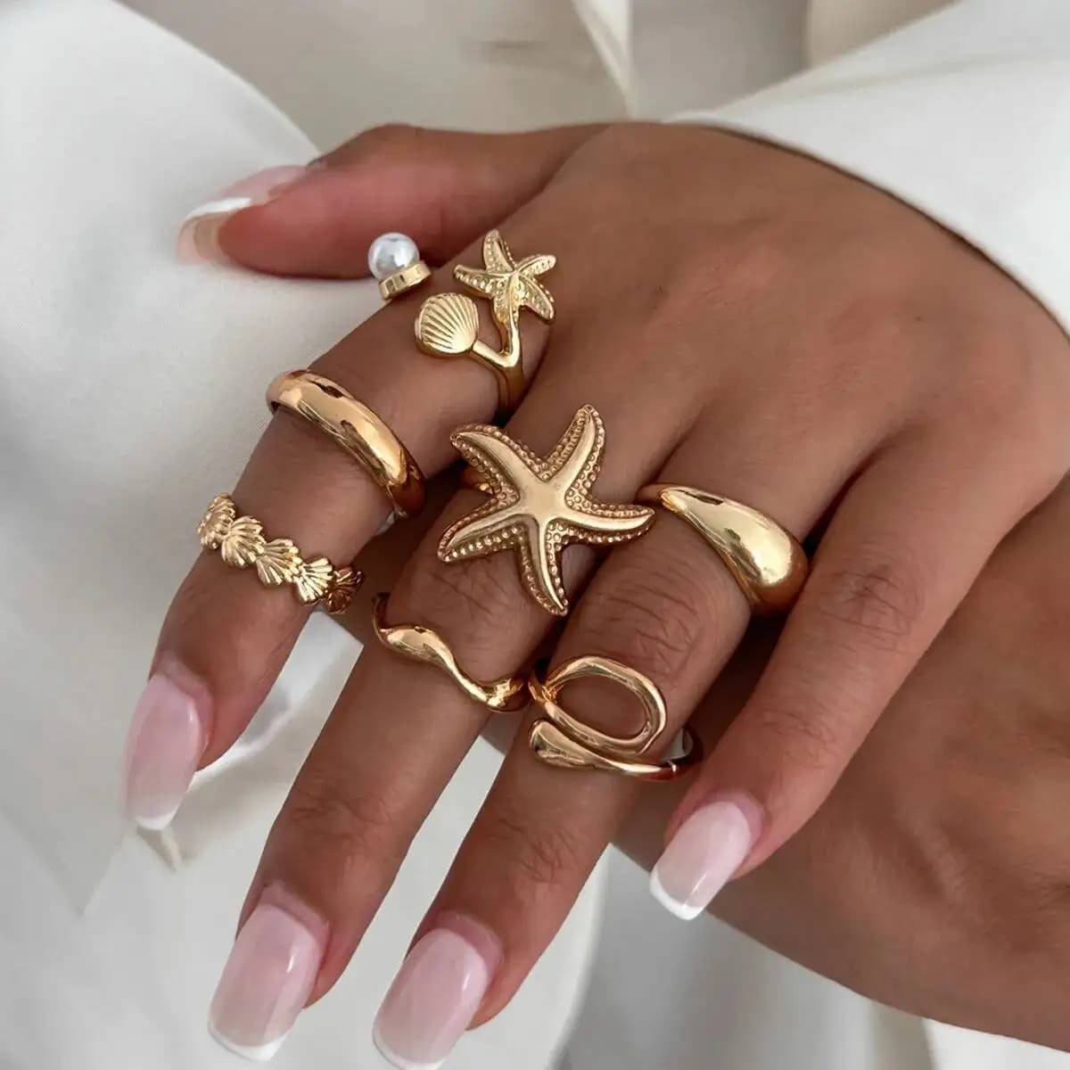 Ingemark 8 pz/set Bohemian Starfish Capesante Anello Aperto per Le Donne Elegante Imitazione Perla Irregolare Knuckle Anello 2026 Nuovi Gioielli