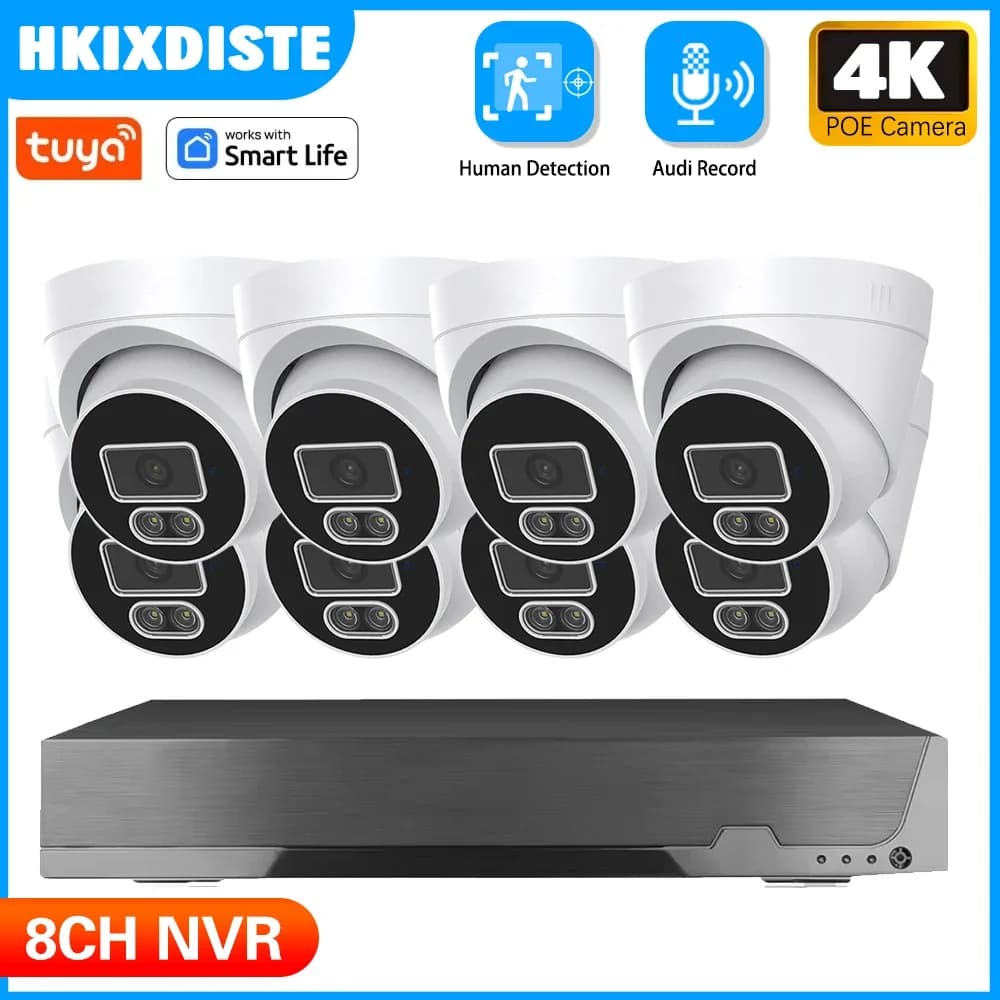 Sistema di Telecamere di Sicurezza CCTV 4K 8MP Smart Life TUYA H.265+ con Rilevamento Umano, Audio, IR Infrarossi, Kit di Videosorveglianza 4K POE NVR