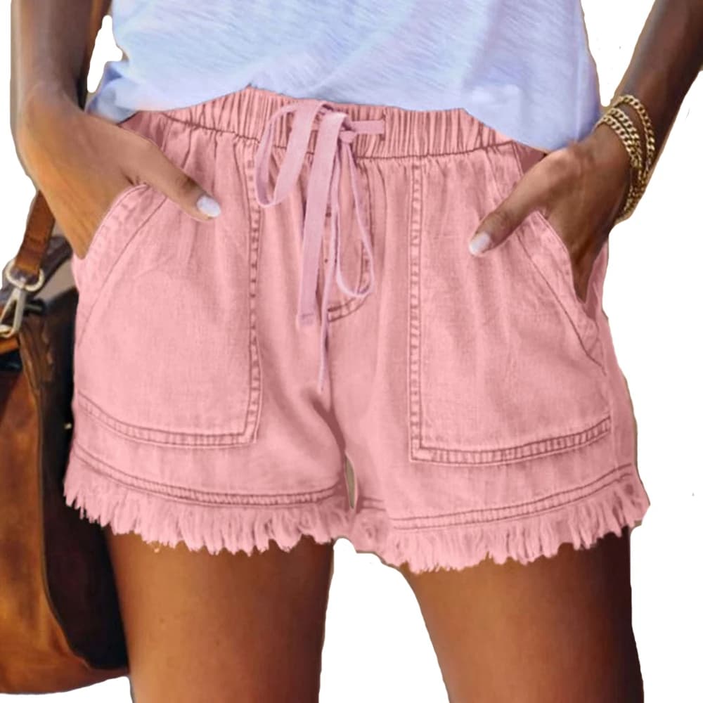 Women's high waist denim shorts, vintage style, wide and simple shorts, fashionable jeans, classic shorts with fringes.