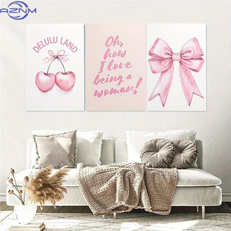 3pcs Pink Girly Cherry Bow Framed Canvas Painting, Aesthetic Wall Art, Living Room Decoration Bedroom Home Decor