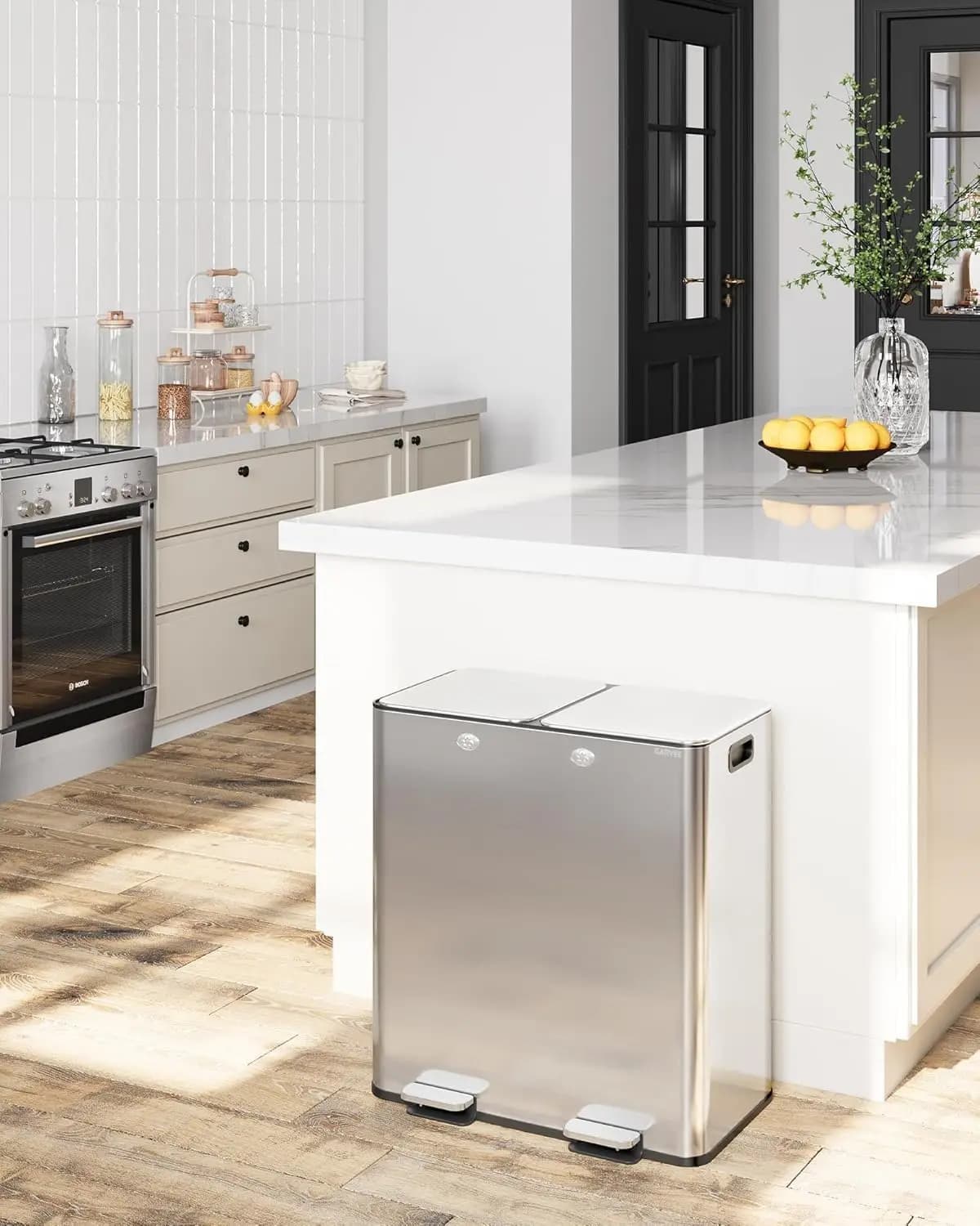 16 Gal Dual Compartment Stainless Steel Kitchen Trash Can for Recycling, 8+8 Gal Step Bin with Soft-Close Lid