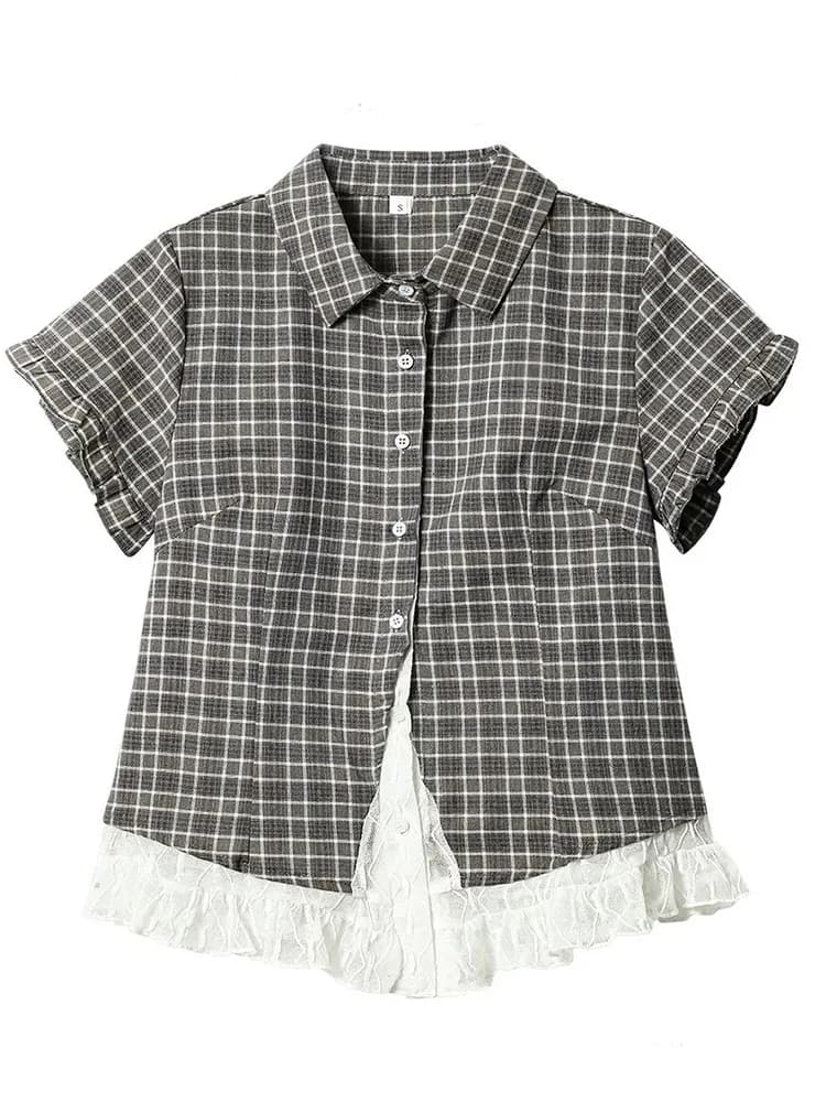 Lace Patchwork Plaid Shirt Women Summer Sweet Short Sleeve Vintage Blouse Slim Sweet Retro Japan Kawaii Female Cute Casual Tops