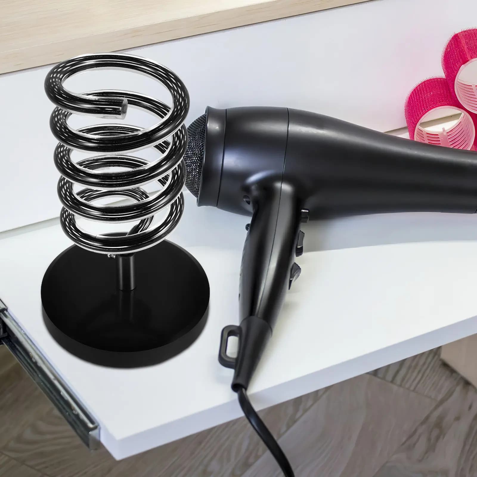 Support for Hairdryer with Base in Marble, Brush holder and Plate, Organizer for Styling Tools from Salon and Bathroom
