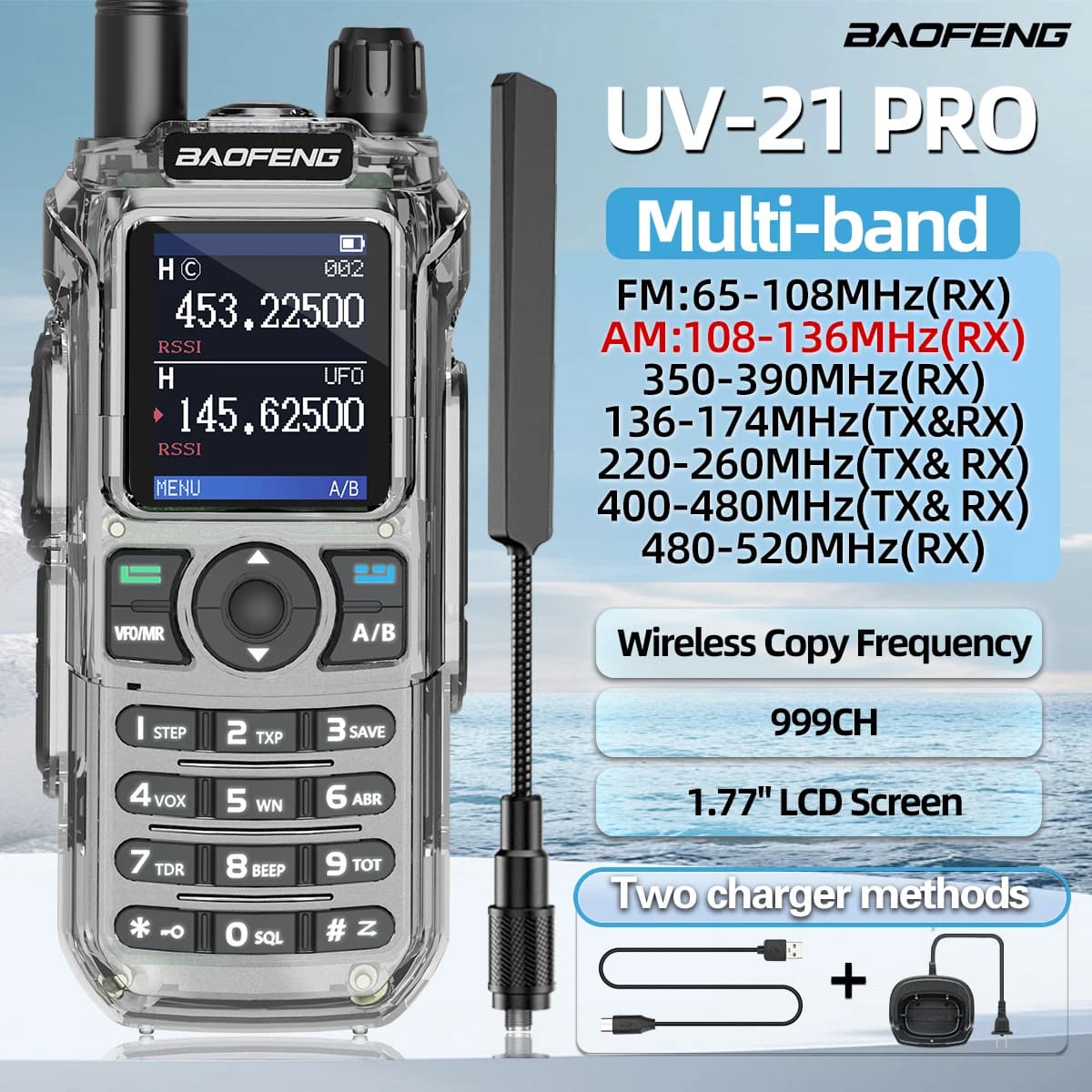 Baofeng UV-21 Pro Frequenza di copia wireless Walkie Talkie A lungo raggio Ad alta potenza Multi-Band Type-C Caricatore Ham Radio Aggiornamento V2
