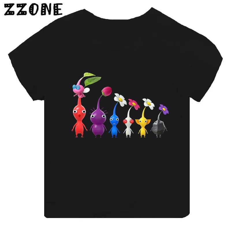 Vendita calda videogioco Pikmin 4 stampa Cartoon bambini T-shirt ragazze vestiti neonati maschi maglietta nera manica corta bambini top, TH5868