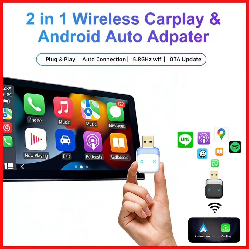 Nuovo adattatore wireless CarPlay 2 in 1 e adattatore wireless Android Auto, WiFi 5Ghz USB Plug Play CarPlay wireless per auto al 99%