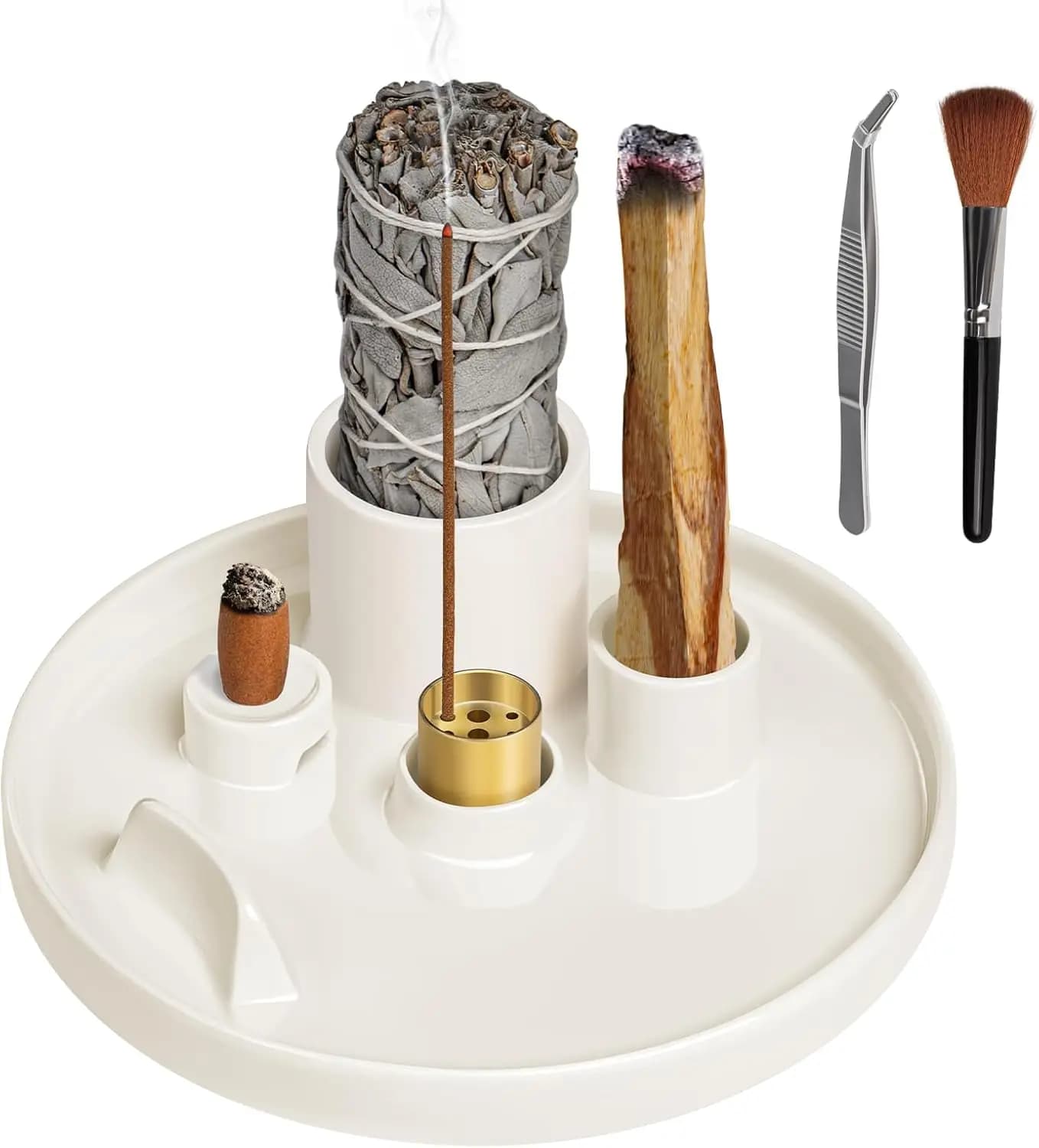 Porta palo santo, porta incenso 5 in 1 per salvia bruciante, candele, bastoncini di incenso e coni di incenso riflusso - ceramica da 6,06" come