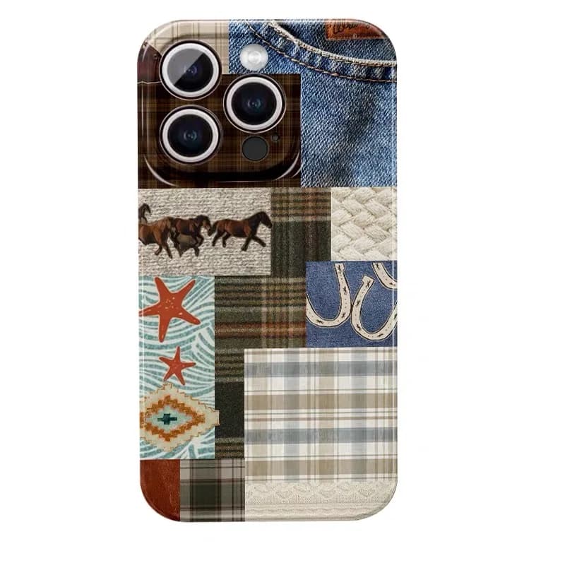 Custodia per telefono in denim patchwork blu per IPHONE 17 Air 16E 15 PROMAX 14 Plus 13 12 MINI 11 PRO 16Plus XR XS MAX, cover in acrilico