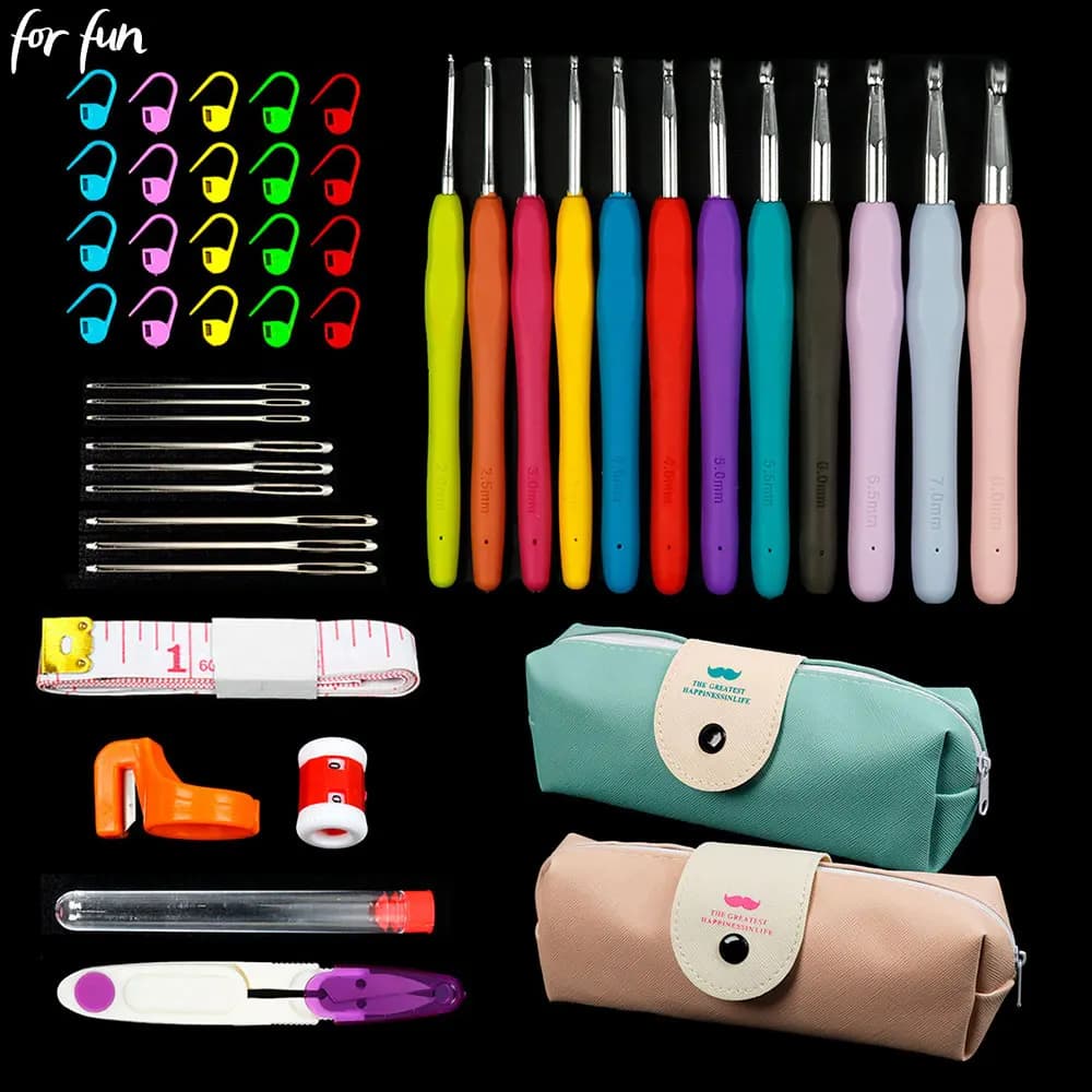 Set di 45/37 uncinetti con borsa portaoggetti, kit per uncinetto, aghi per tessitura, set di aghi per maglieria, strumenti fai da te per tessitura