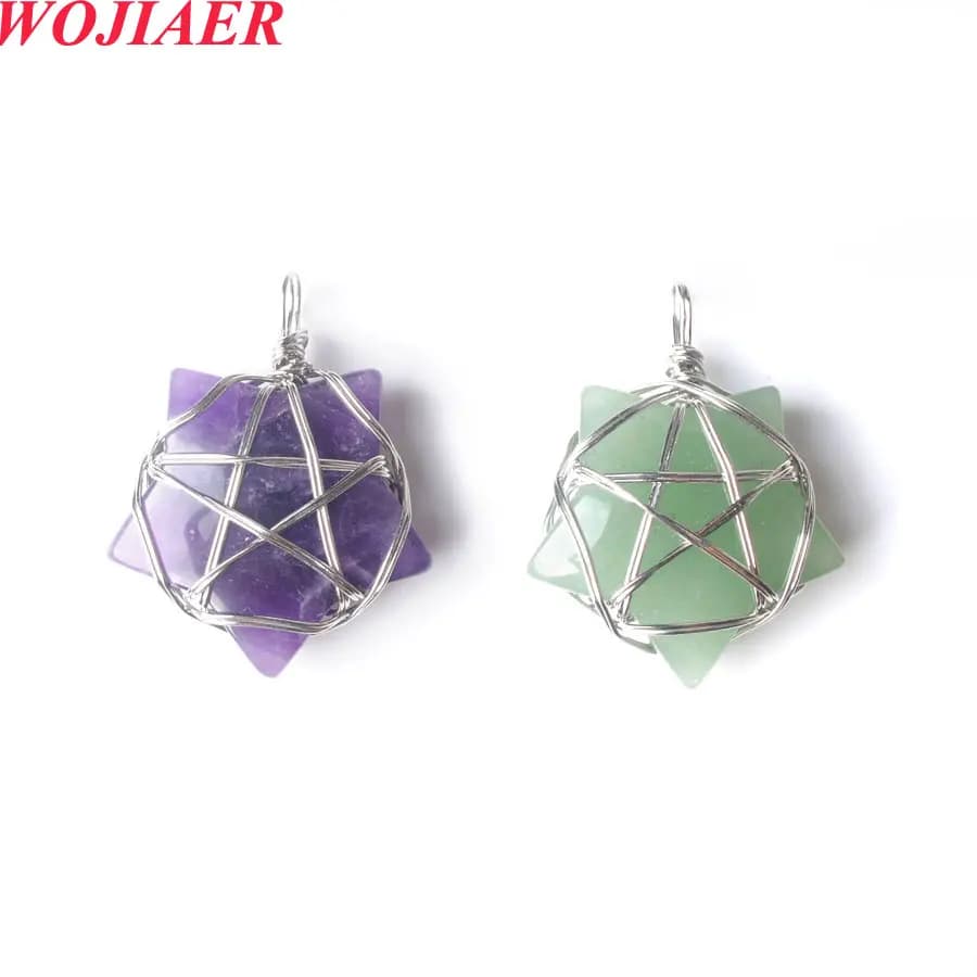 WOJIAER Pendente in Pietra Naturale Opale con Pentagramma in Ossidiana, Gioiello Unisex per Reiki BO972