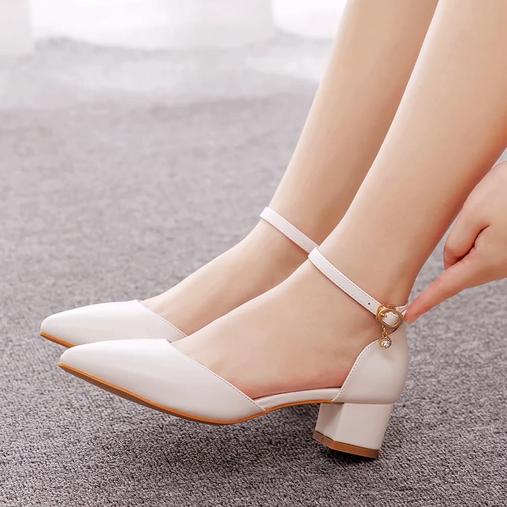 Women White Chunky Heels Wedding Shoes for Bride Closed Pointed Toe Ankle Strap Pumps