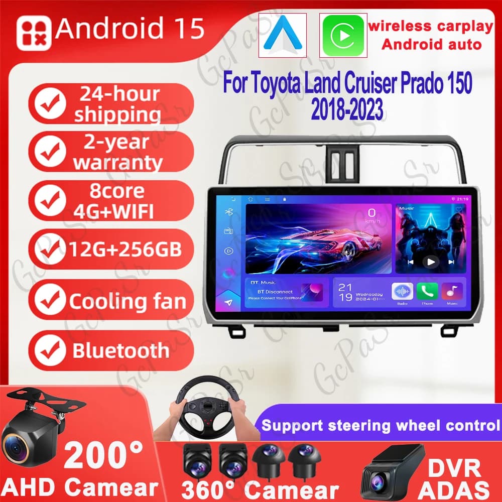 Android 15 CarPlay For Toyota Land Cruiser Prado 150 2018-2023 2K QLED Android Car Radio Multimedia Video Player GPS Stereo