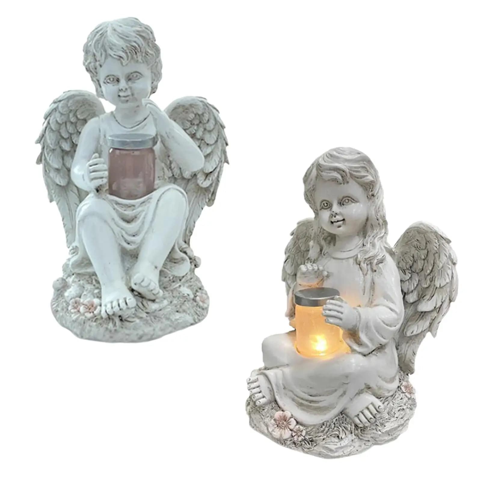 Statua di angelo in resina Scultura da esterno per letto di fiori con luce a LED ad energia solare