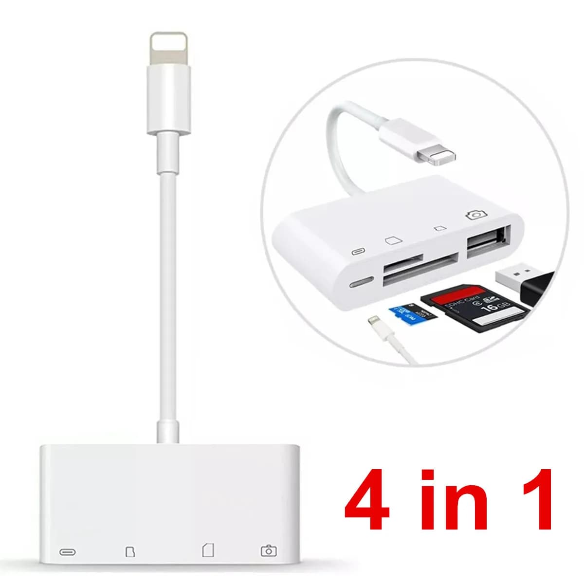 Adattatore da USB a lettore di schede 4 in 1 con slot per schede di memoria Micro SD per iPhone, iPad, iPod