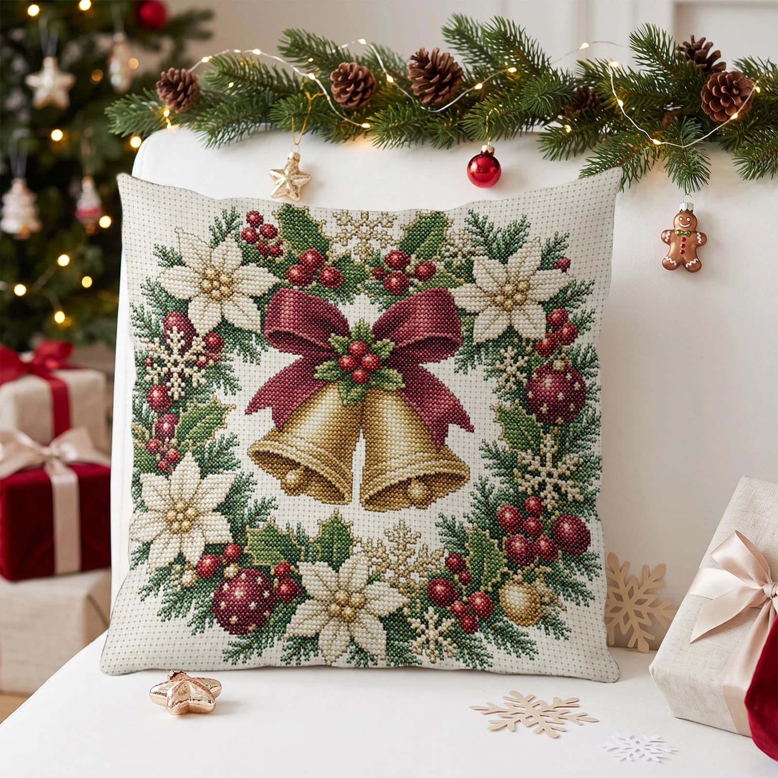 Christmas Cross Stitch Kit 11CT Printed Canvas 3 Strands Cotton Cushion Cover 45x45cm DIY Embroidery Set