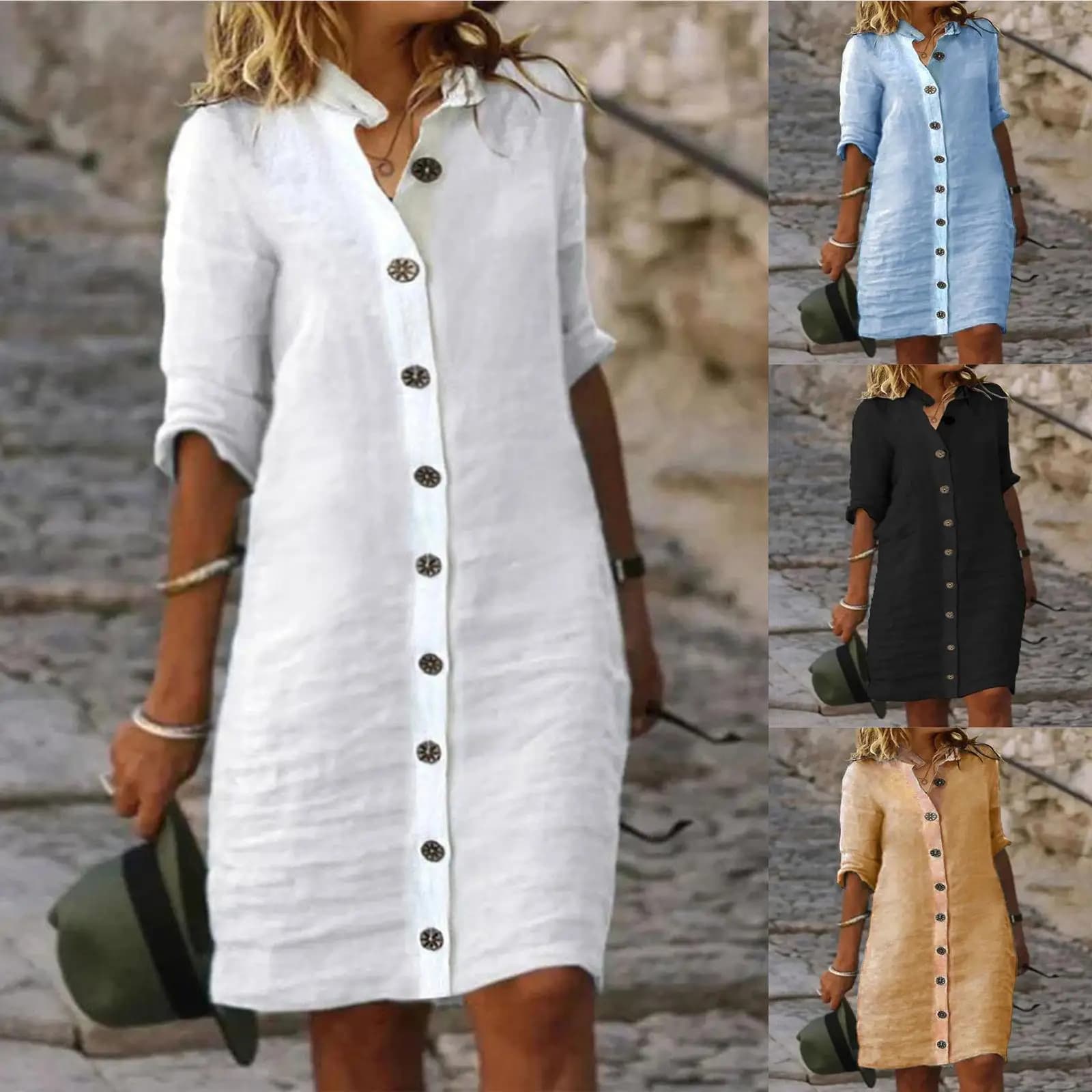 Abito da donna a maniche medie con colletto, taglie forti, stile casual da ufficio, gonna basic a trapezio, in misto poliestere e cotone, estivo