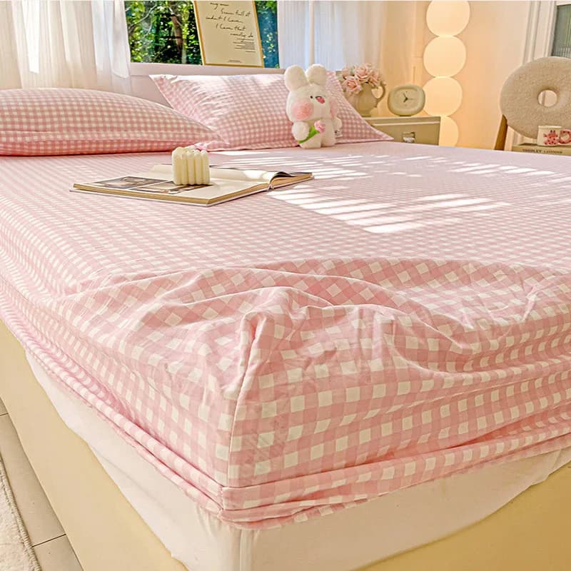 Washed cotton single-piece bed with simple grilled pattern Delicate anti-slip cover on the skin for ultra thin domestic breathable mattress
