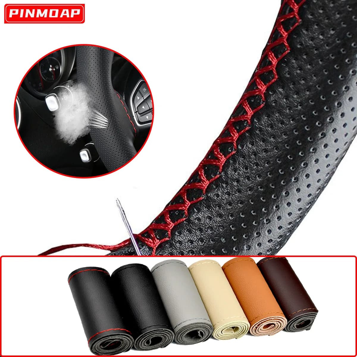Coprivolante per auto Coprivolante traspirante in pelle intrecciata a mano fai-da-te con copertura protettiva per ago e filo 37-38 cm