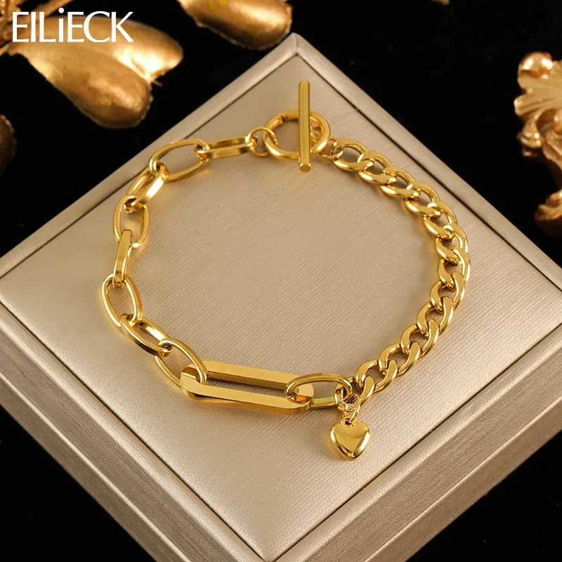 EILIECK 316L Stainless Steel Gold Color Heart Love Bracelet Bangle Waterproof Daily Charm Wrist Chain Jewelry Bijoux Femme