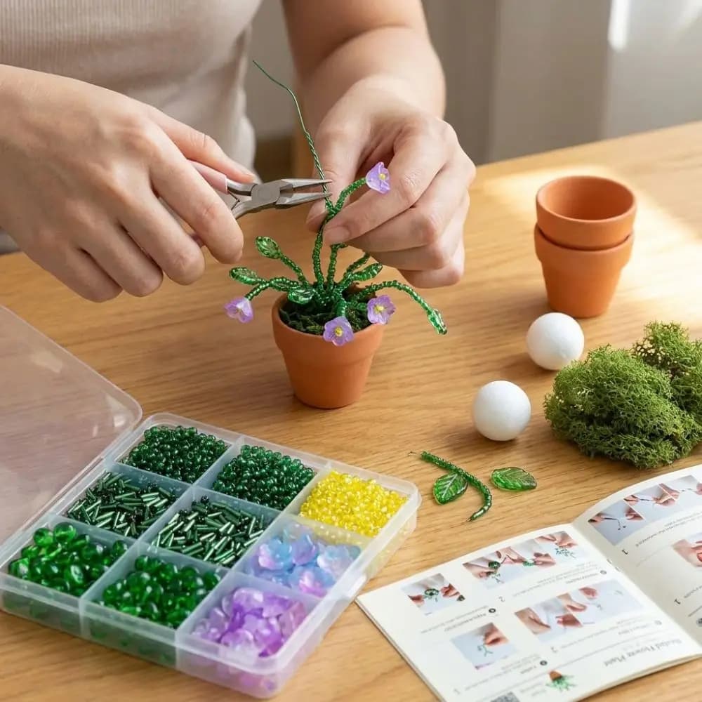 Self-make DIY Glass Bead Potted Plant Kit Artificial Moss Glass Flower Leaf Mini Beaded Plant Table Decor Kit Succulent Cactus