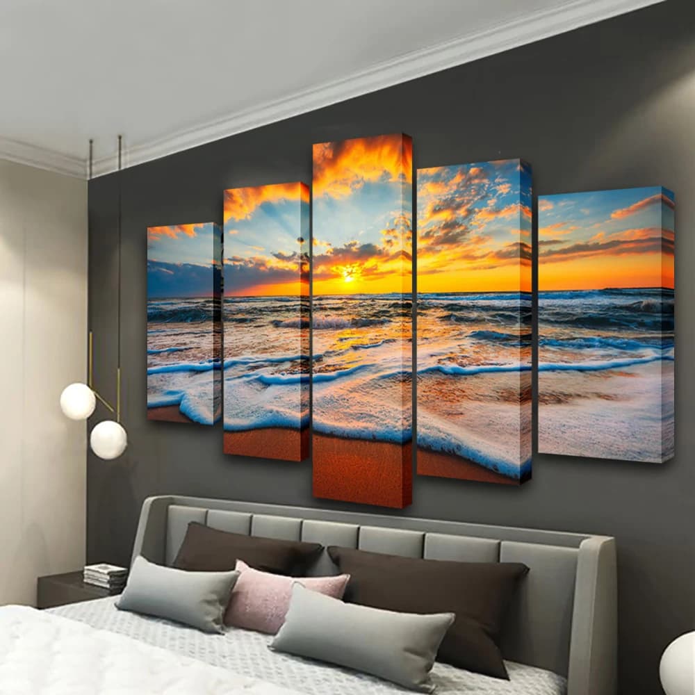 Wall Art Sunset Painting 5 Panel Art Frame Canvas Print Home Decoration Living Room Bedroom Wall Picture