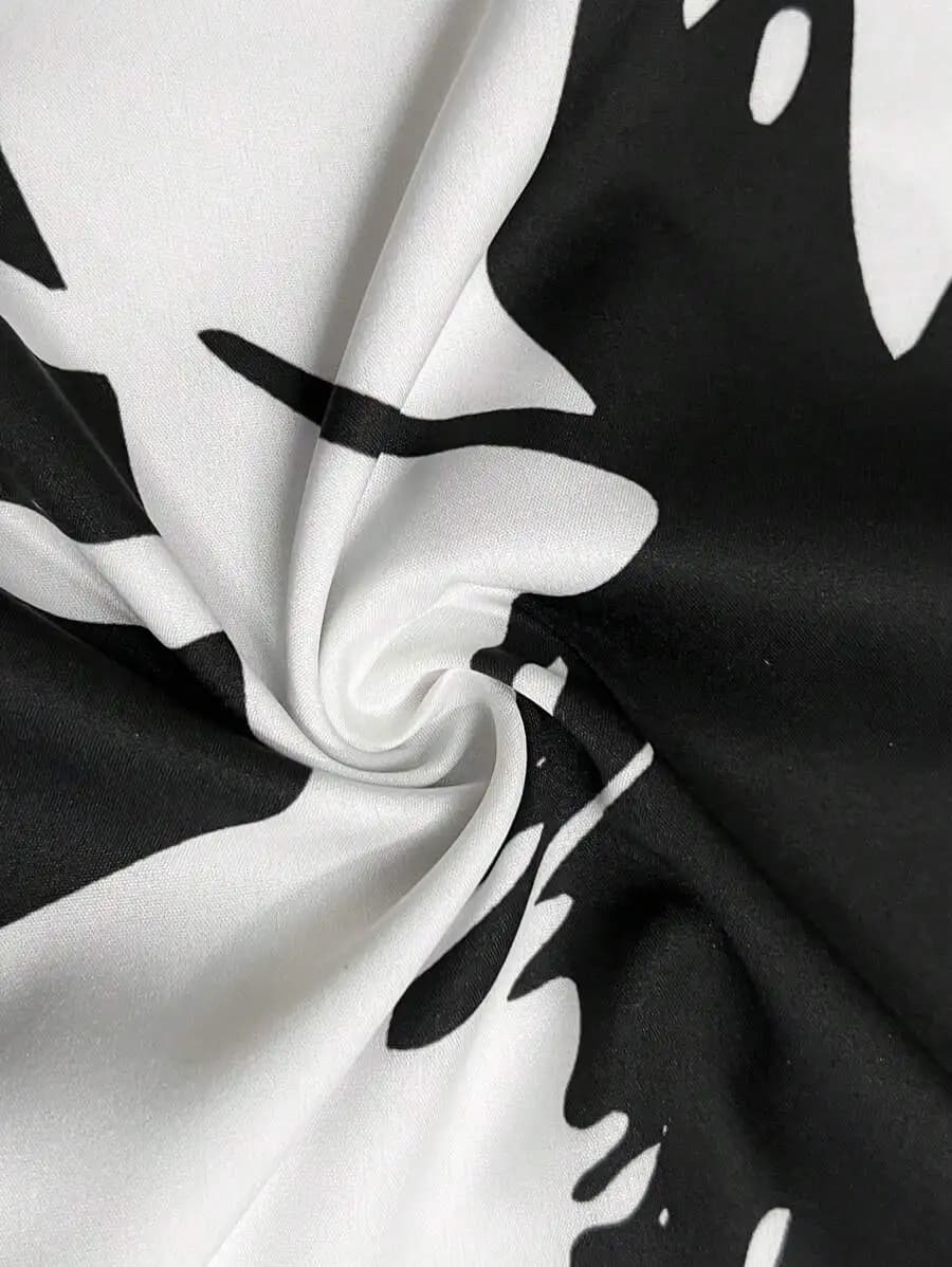 Set di camicetta e pantaloncini da donna con stampa astratta in bianco e nero, abbigliamento casual da spiaggia e festival