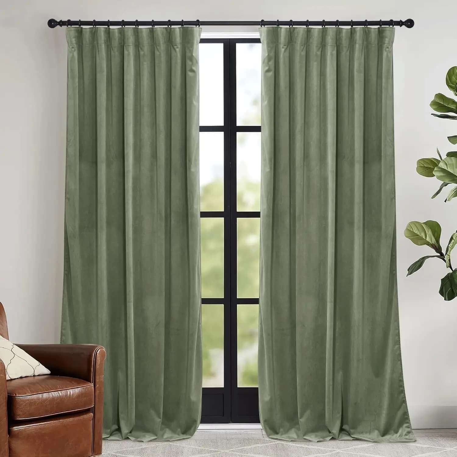 Tende in Velluto Verde Salvia, Oscuranti e Termoisolanti per Soggiorno e Camera da Letto, 2 Pannelli, 132x244 cm