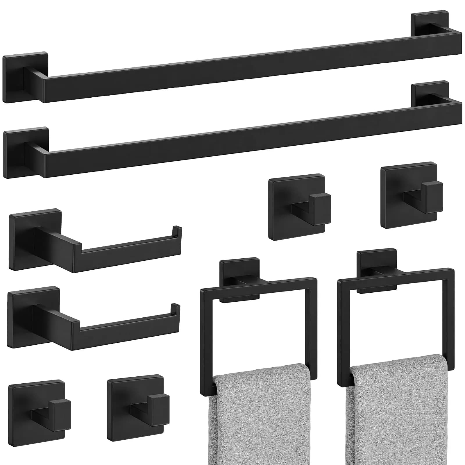 10-Piece Matte Black Bathroom Hardware Set: 24 Inch Towel Bars, Hooks, And Accessories, Wall Mounted, Stainless Steel
