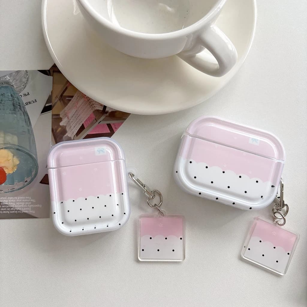 Elegante Custodia Protettiva per Auricolari con Motivo a Pois e Stelle Rosa e Bianche con Ciondolo per AirPods 2 3 4 Pro Pro2 Pro3