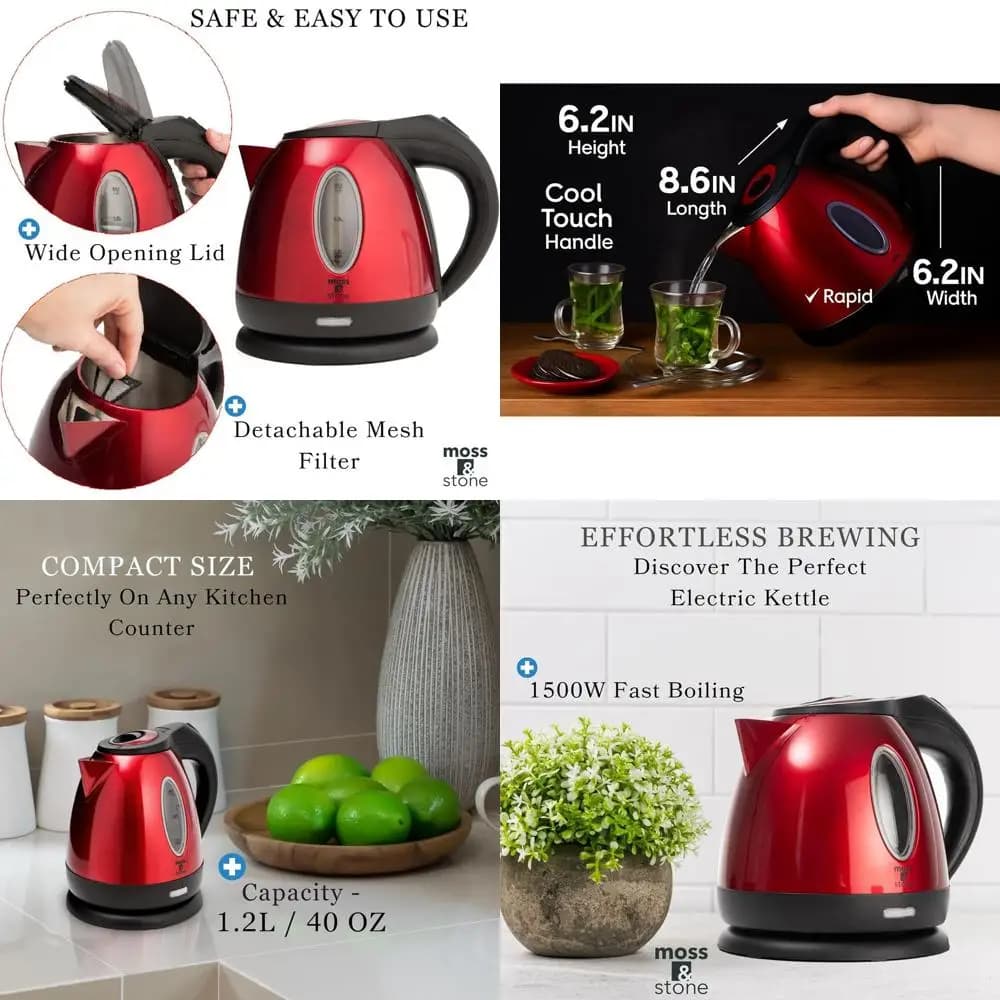 Bollitore elettrico rosso senza fili da 1,2 litri, bollitura rapida da 1500 W, portatile con spegnimento automatico e protezione contro l'ebollizione a secco