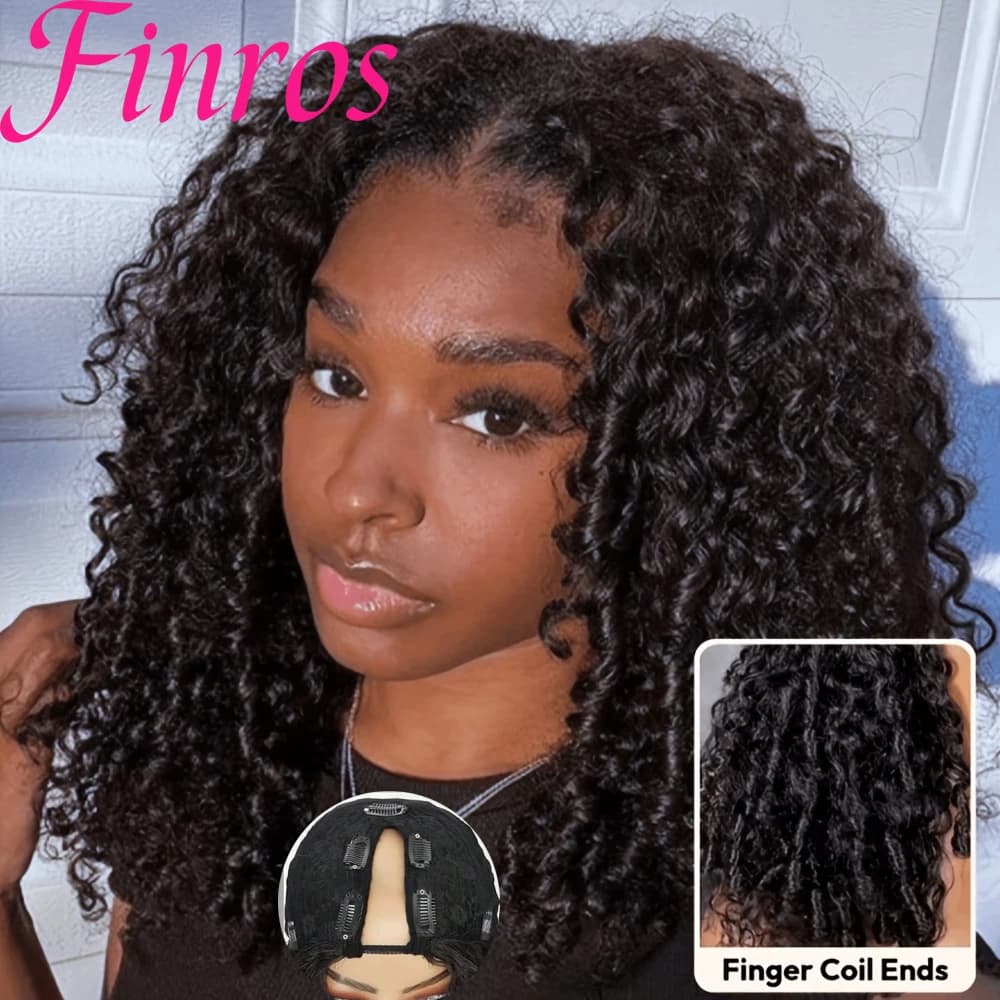Finros Burmese Curly V Part Wig With Drawstring Seamless Blend Clip In Human Hair Wig 180% Density Wear And Go For Women On Sale