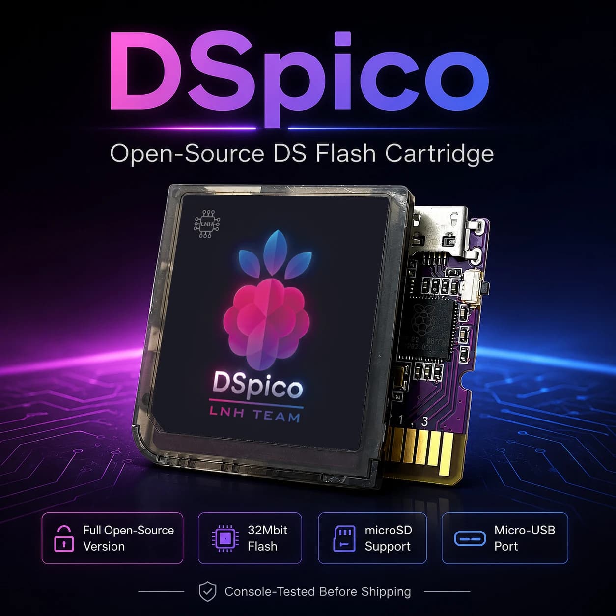 Open Source DSpico DS Pico Flash Loader 32Mbit RP2040 Micro-USB LNH-team for NDS NDS Lite NDSi N3DS MicroSD Card Not Included