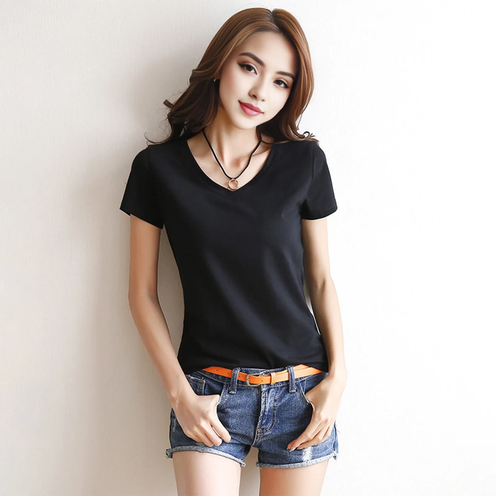 Women Summer T-shirt Short Sleeve V-neck Slim Fit T-shirt Stretchy Bottoming Shirt Solid Color Pullover Tops Streetwear