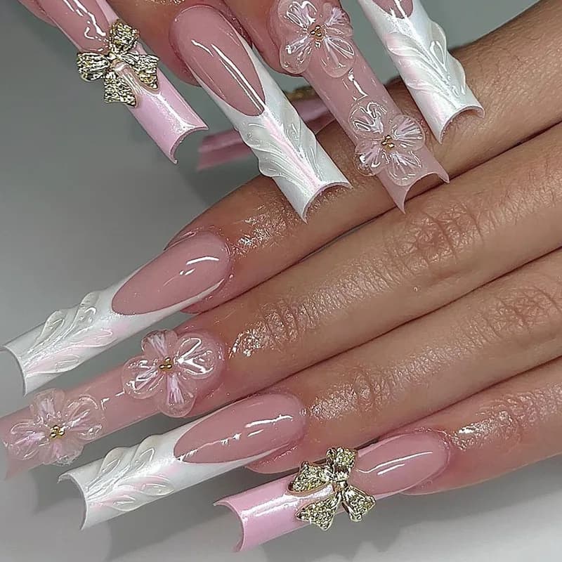 24 pezzi 3D fiore bowknot punte per unghie finte stile y2k unghie finte lungo bara balletto spezie ragazze stampa europea sulle unghie indossabili