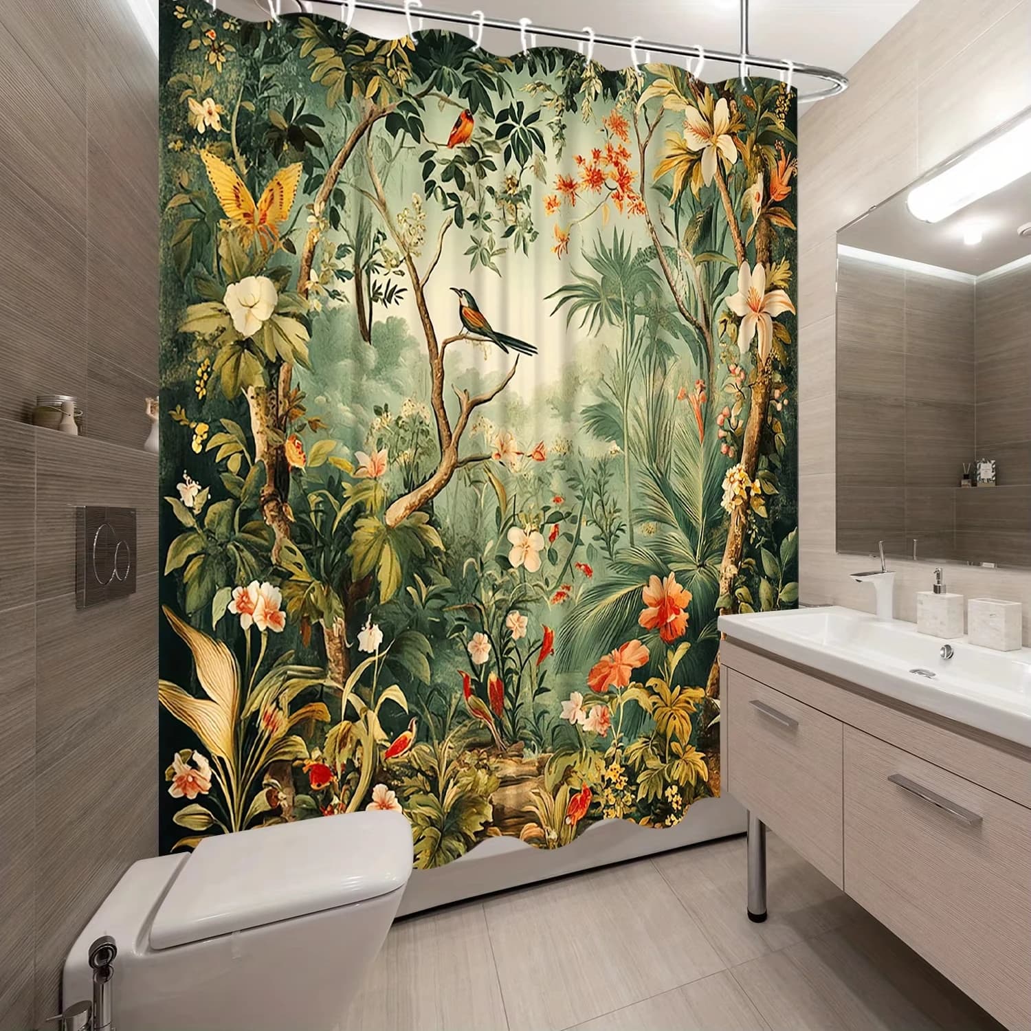 VIKAMA Tenda da doccia con foresta incantata - Decorazione da bagno multi-stile, perfetta per i disegni pratici ispirati alla natura