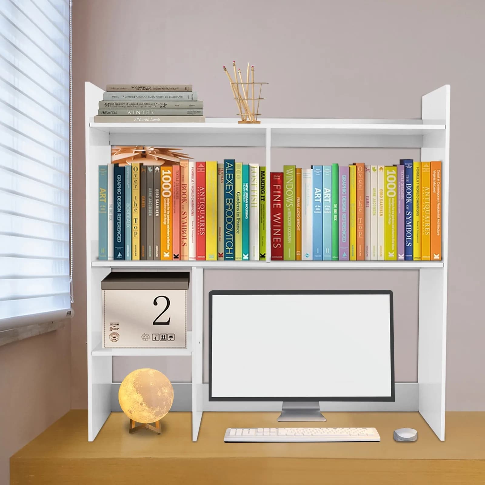 Scaffale da scrivania con 5 scomparti, divisorio rimovibile, organizer da scrivania, contenitore per casa e ufficio, uso domestico, scolastico e per ufficio, anticorrosione, facile da montare, libreria da scrivania per organizzazione ufficio e studio, design moderno, facile da montare
