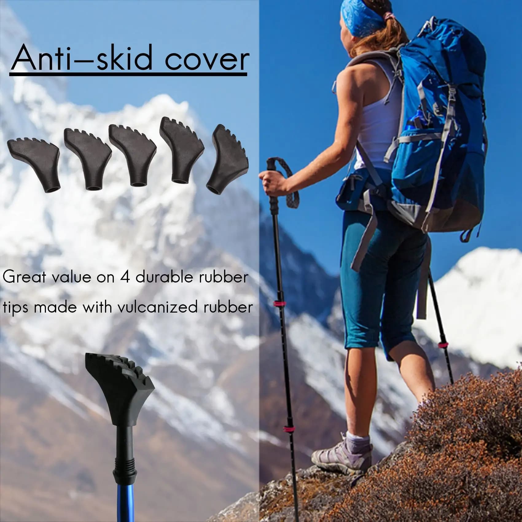 A12E-Confection with four spare tips in extra-resistant rubber (stones / spare hoods) for trekking poles - Suitable for all standard trekking poles