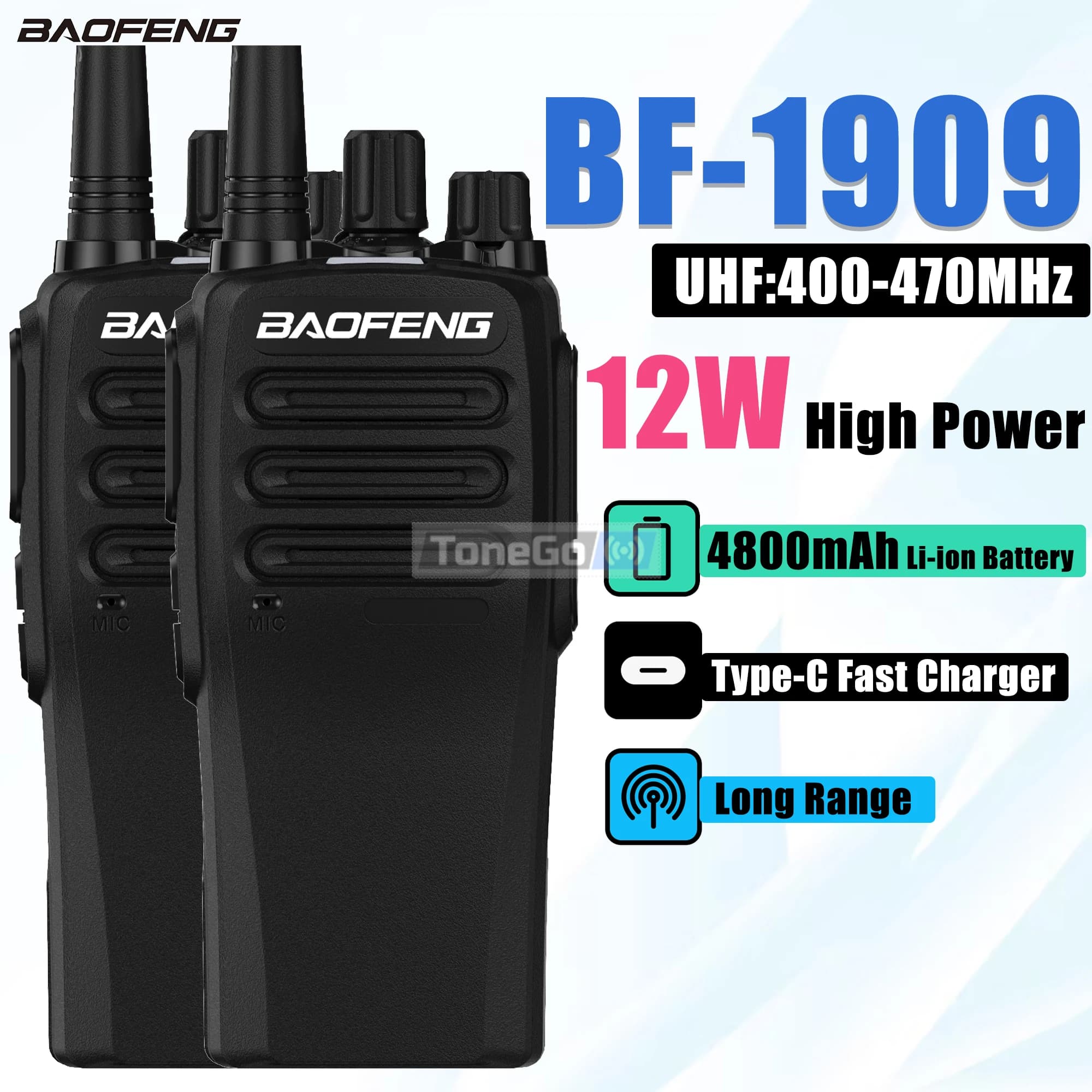 1/2PCS BaoFeng BF-1909 Walkie Talkie BF 1909 12W Ad Alta Potenza A Lungo Raggio UHF Radio Bidirezionale Tipo-C Trasmettitore di Ricarica Per La Caccia