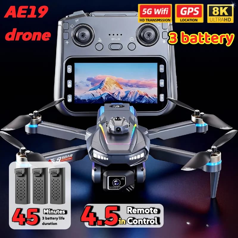 AE19 Drone GPS 4,3" LCD 8K/4K Doppia fotocamera 360 ° Evitamento ostacoli 3 opzioni batteria Quadricottero RC professionale per regali da viaggio