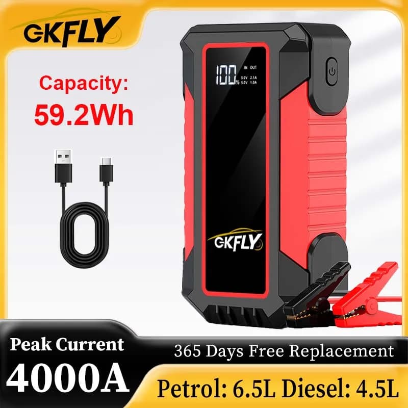 GKGLY Avviatore di Emergenza Portatile per Auto 4000A, Caricabatterie per Auto, Dispositivo di Avviamento d'Emergenza